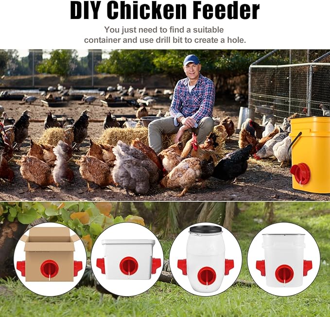 Chicken Feeder No Waste, 4 Ports Automatic Poultry Feeder with Covers & Hole Saw, Rain Proof Chicken Feeder Port for Buckets, Bins & Barrels