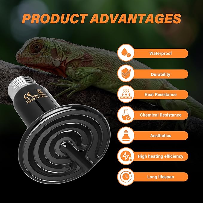 Simple Deluxe 150W Ceramic Heat Emitter 2 Pack Reptile Heat Lamp No Light Emitting Heat Bulbs for Amphibian Terrarium, Bearded Dragon Lizard Snake Turtle, Brooder Coop Incubating Chicken
