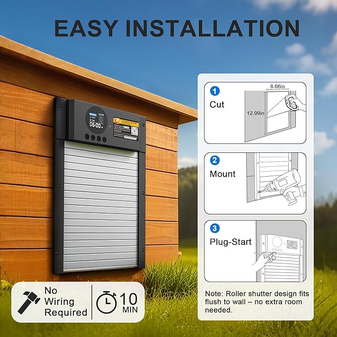 Automatic Chicken Coop Door – Solar Powered Aluminum Auto Chicken Door with Light Sensor, Timer & Manual Control, 2500 mAh Battery +USB-C Backup, Waterproof, Anti-Pinch Safety, Fits Most Poultry Coops