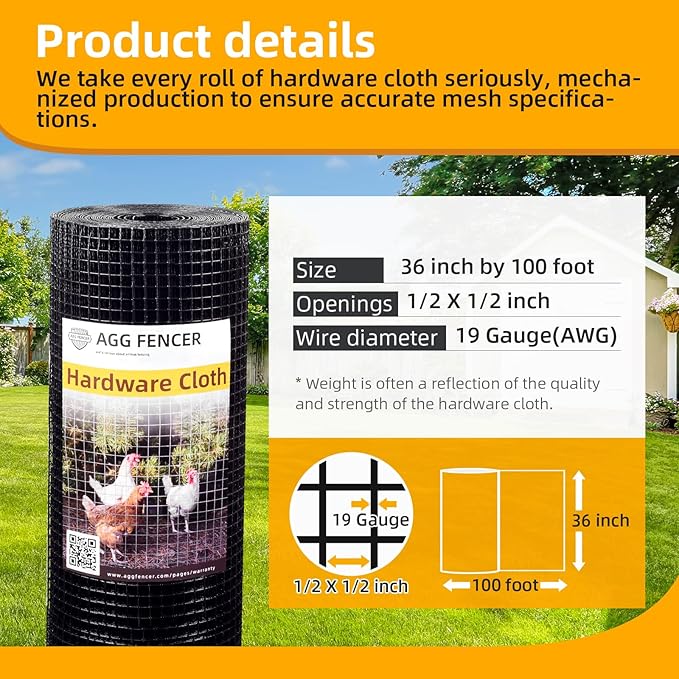36in x 100ft Black Hardware Cloth 1/2 inch 19Ga PVC Coated Wire Mesh Vinyl Coated Fence, Welded Metal Chicken Wire Fencing Roll, Garden Plant Fencing, for Chicken Coop and Home Improvement