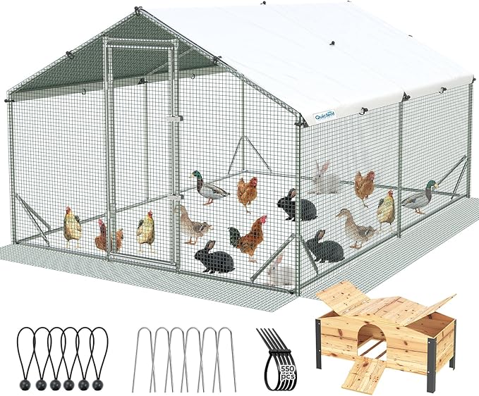 Quictent Large Metal Chicken Coop Run for 20+ Poultry with Nesting Box, Side Hardware Cloth & Cover, Advanced Series Outdoor Walk-in Cage Hen Duck Rabbit Dog Pen Yard Farm House, 12x9x6.6FT