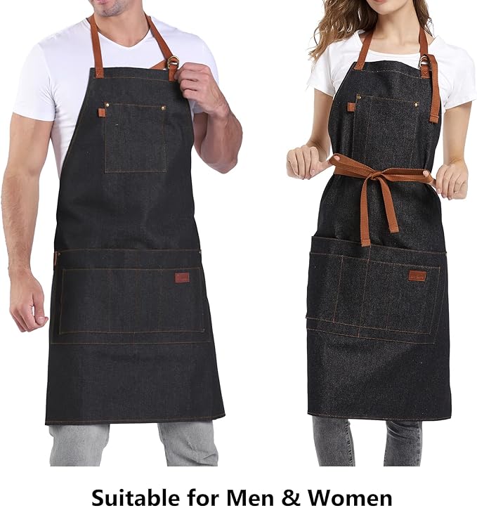 Denim Apron with Pockets Tall Bib Apron Large with Long Ties Adjustable - Gifts for Men Women