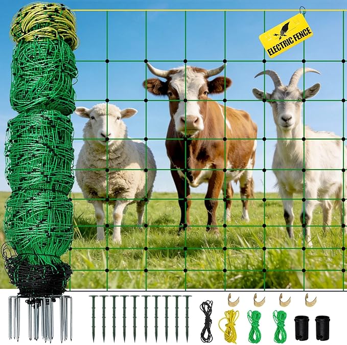 Electric Fence Netting, 164'L x 49.6" H Movable Livestock Nets for Sheep, Hogs, Cattle, PE Net Fencing Kit with 14 Posts Double Spiked, Electric Fencing for Backyards, Homesteaders, Farms Ranches