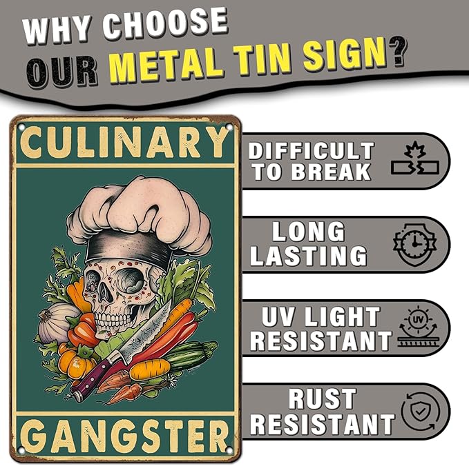 PEACHGARDEN Kitchen Wall Decor Vintage Skull Metal Sign Funny Culinary Gangster Tin Sign Cooking Poster Wall Decor for Home Kitchen Bar Pub Man Cave Cafe 8x12inch