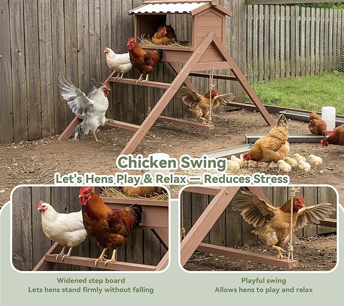 Chicken Perch for Coop, 3 in 1 Design-Nesting Box with All Weather PVC Roof+Perches+Swing, Indoor & Outdoor Roosting Bar