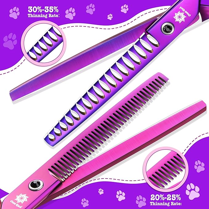 Dream Reach Dog Grooming Scissors - 7" Professional 6 in 1 Pet Scissors Sharp and Durable Shears Set Thinning, Chunker, Straight, Curved Shears and Comb for Dog Cat Pets, Purple