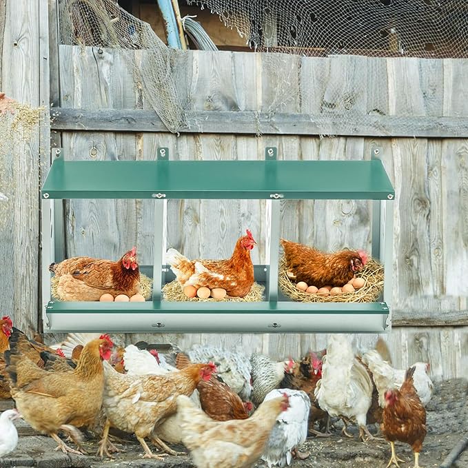Chicken Nesting Box, 3 Compartment Hens Nest Boxes, Metal Nesting Chicken Laying Box for Outdoor Chicken Coop Cages Farm Yard, Green (3 Holes)
