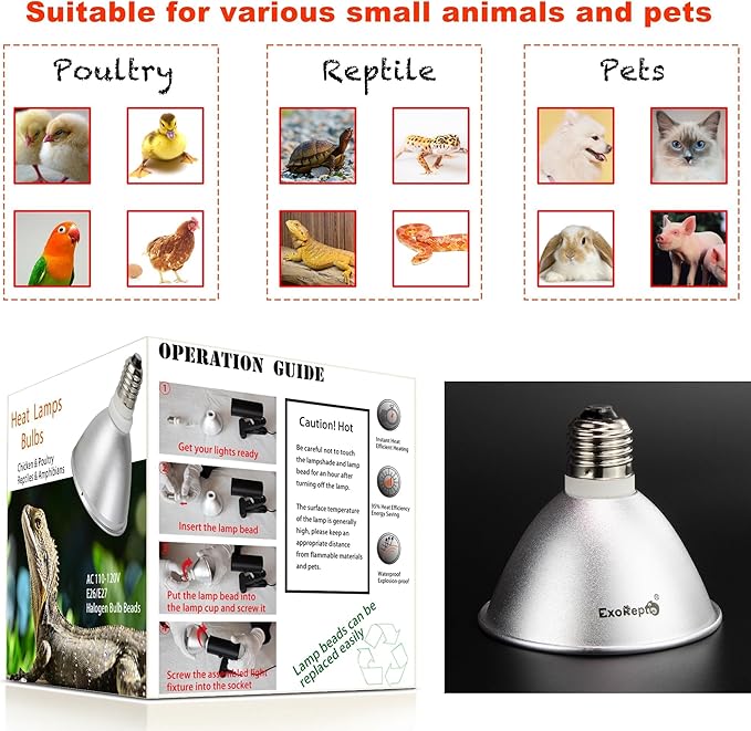 Heat Lamp for Chickens Coop Tiny Chick Brooder, Infrared Flood Light Red Bulbs Replaceable E26 Base 50 Watt Chick Heater for Reptile Pets Duckling Poultry Livestock