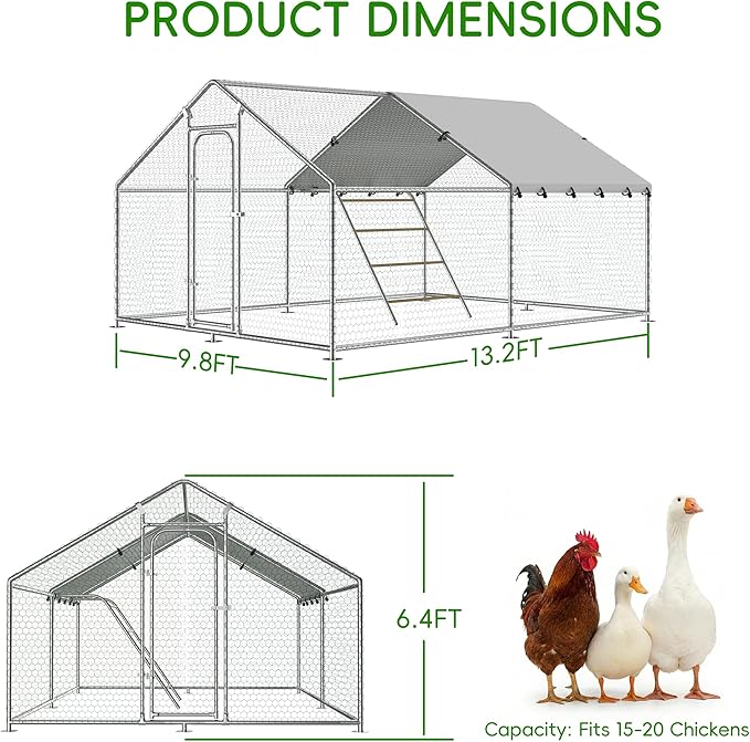 Large Metal Chicken Coop with Roosting Perch, Waterproof and UV-Resistant Cover,Outdoor Walk-in Cage Hen House for Yard Farm Rabbit Duck Chicken Run Spire Roof (10’ W x 13.2’ L x 6.4’ H)