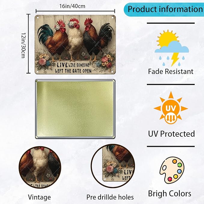 Funny Farmhourse Chicken Coop Metal Tin Signs Vintage Chicken Decor Sign Live Like Someone Left The Gate Open Poster for Home Kitchen Garden Restaurant Rooster Outdoor Wall Art Decor 16x12 Inch