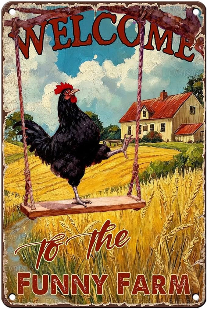 Vintage Chicken Tin Sign Welcome To The Funny Farm Retro Coop Metal Sign Funny Chicken Lovers Nostalgic Rustic Wall Decor For Farmhouse Outdoor Poultry House Yard Cafe Kitchen 12 * 8In
