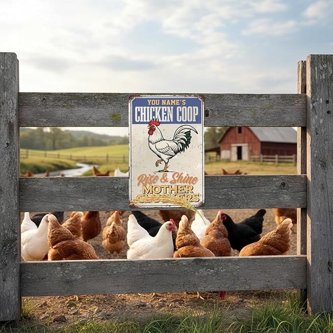 Personalized Chicken Coop Sign Custom Name Rise And Shine White Rooster Metal Tin Wall Art Rustic Farmhouse Decor Backyard Barn Garden Gift For Poultry Lovers