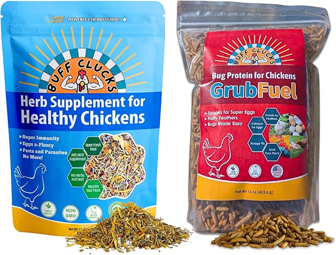 Healthy Chickens Bundle - Herb Supplements for Backyard Chickens and Grub Fuel Black Soldier Fly Larvae - Nutrient Packed Chicken Treats, Poultry Feed