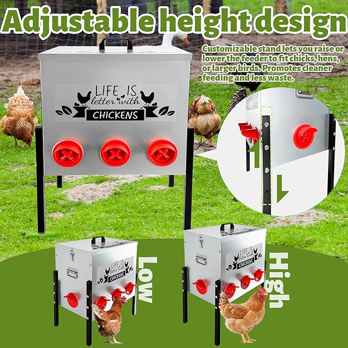 50LB Large Automatic Chicken Feeder Galvanized Metal Chicken Feeders with 8 Feeding Ports No Waste Outdoor Poultry Feeder with Adjustable Height Legs and Locking Lid for Chickens and Ducks