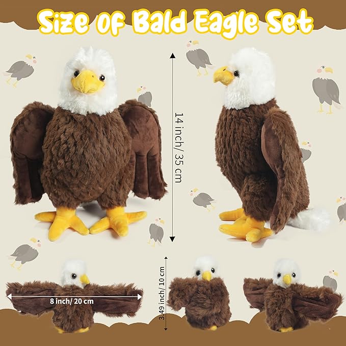 4 Pcs Bald Eagle Stuffed Animal Plush Bulk Large Mommy Eagle Plush with 3 Cute Babies Stuffed Eagle Plush Toys Plushies for Kids Boys Girls Birthday Easter Stuffers Birders Zoo Plush Gifts