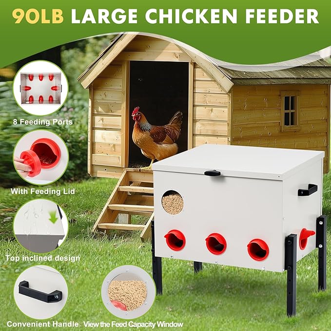 Metal Chicken Feeder with 8 Ports, 90 lbs Metal Poultry Feeder, Height Adjustable Weatherproof Feeding Box for Chickens, Geese, Ducks, Turkeys, Quails (90lbs-8 Ports)