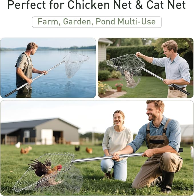 Heavy Duty Chicken Net Catcher - 17-65Inch Adjustable Stainless Steel Pole, 19Inch Large Opening Animal Net for Poultry/Birds/Fish, Foldable Metal Frame