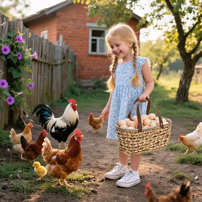 Goaste Egg Collecting Basket with Handle, 13 Inch Chicken Egg Storage Baskets, Handwoven Eggs Container for Gathering Fresh Eggs, Vintage Countertop Fruit Holder for Harvest, Kitchen, Living Room