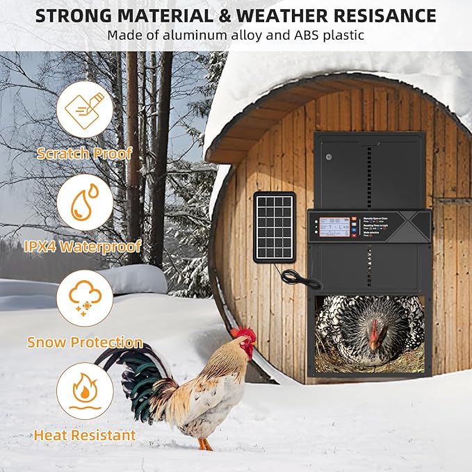 Automatic Chicken Coop Door, 4 Modes LCD Display Chicken Coop Door Solar Powered with Timer & Light Sensor, Aluminum Alloy Automatic Chicken Door with Anti-Pinch, IPX4 Waterproof