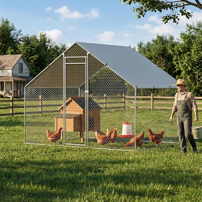 Large Chicken Coop Metal Walk-in Run 9.8' x 4.9' x 6.5', Heavy Duty Galvanized Steel Cage with Waterproof Cover, Secure Lock, Outdoor Pen Enclosure for Hens, Ducks, Rabbits