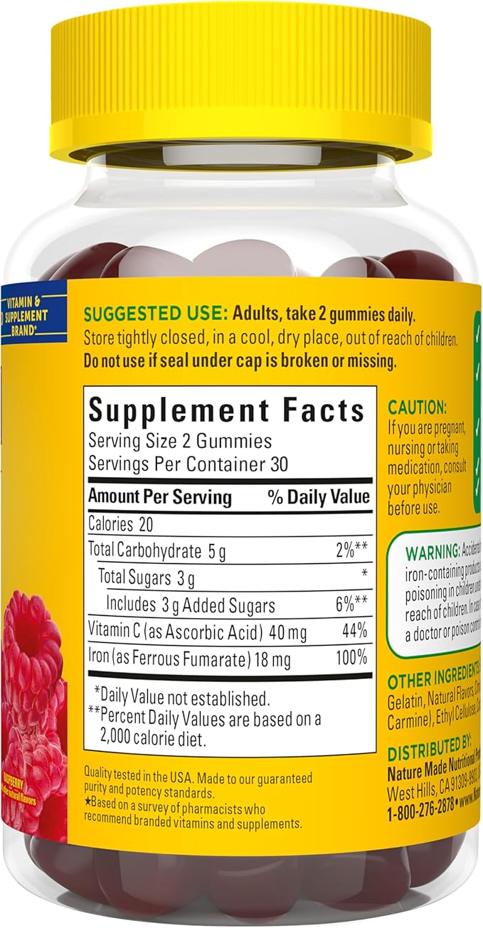 Nature Made Iron 18 mg per serving Gummies with Vitamin C, Iron Supplement for Red Blood Cell Support, 60 Gummies, 30 Day Supply