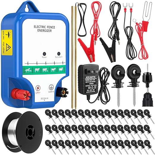 Electric Fence Kit, 8 Mile 12kV 2J Electric Fence Charger AC/DC Powered with 50 Insulators, Socket Tool, 250ft Aluminum Wire for Livestock Control, Predators Deterrent(Classic Ver.,Blue)