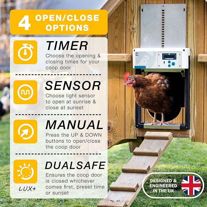 Automatic Chicken Coop Door Opener, ChickenGuard One in All 4 Colours, Timer/Light Sensing, Winter Mode, Auto-Stop & Predator Proof, 3 Power Options, Solar, Battery or Electric (Blue + Batteries)