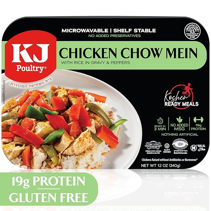 KJ Poultry Kosher Ready Meals - Chicken Chow Mein, MRE Meat Meals Ready to Eat, Gluten Free, Halal, (1 Pack) Prepared Entree Fully Cooked, Shelf Stable Microwave Dinner Travel Military Camping