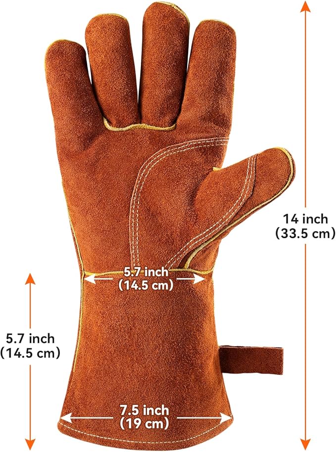 OZERO 932°F Heat Resistant Welding Gloves: 14 inches Cowhide Leather Long Sleeve and Insulated Lining Grill Glove - for Tig Mig Welder Forge Stove Oven Baking Fireplace Barbecue Grilling, Brown