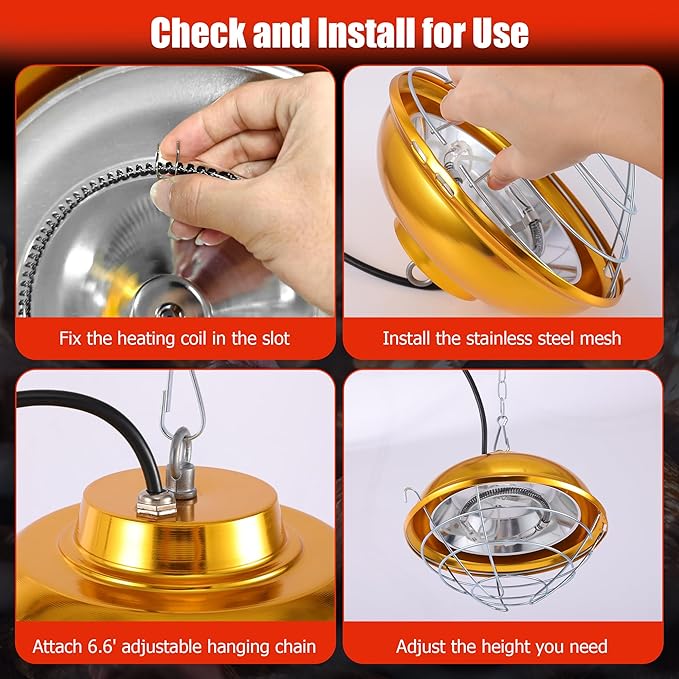 300W Chicken Coop Heater, Dual-Temperature Heat Lamp for Poultry with Carbon Fiber Heating, Aluminum Alloy Shade, 6.6FT Hanging Chain for Winter Chick Brooding and Adult Warmth