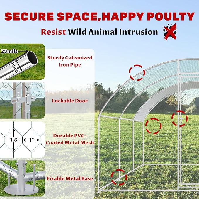 Chicken Coop Large Metal Chicken House Chicken Coops for 40 Chickens Poultry Cage with Waterproof Cover for Rabbits Duck Walk-in Chicken Run for Yard Chicken Pen