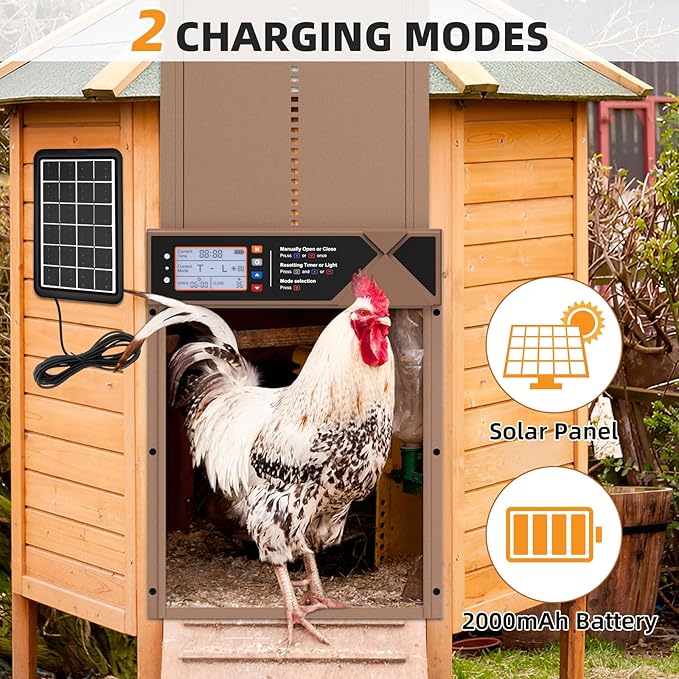Automatic Chicken Coop Door, 4 Modes LCD Display Chicken Coop Door Solar Powered with Timer & Light Sensor, Aluminum Alloy Automatic Chicken Door with Anti-Pinch, IPX4 Waterproof