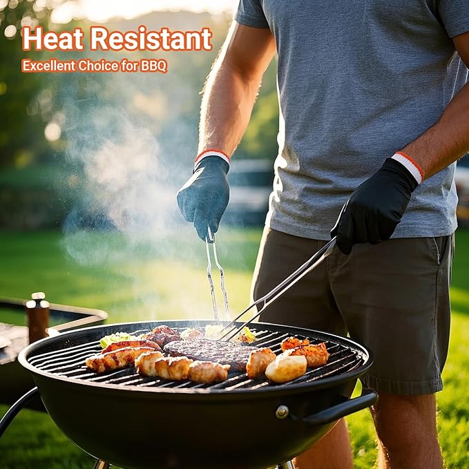 100 PCS Disposable Black Nitrile BBQ Gloves Large - 5 Mil Heavy Duty Power Latex Free for Grilling, Kitchen Cooking, BBQ, Serving, Barber, with 6 Pairs Cotton Glove Liners for Men & Women
