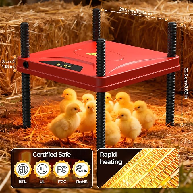 Chick Brooder Heating Plate for Winter, Chick Heating Plate with Thermal Protector, Adjustable Temp & Height, Energy Efficient Heater, 10"x10" for 10-12 Chicks