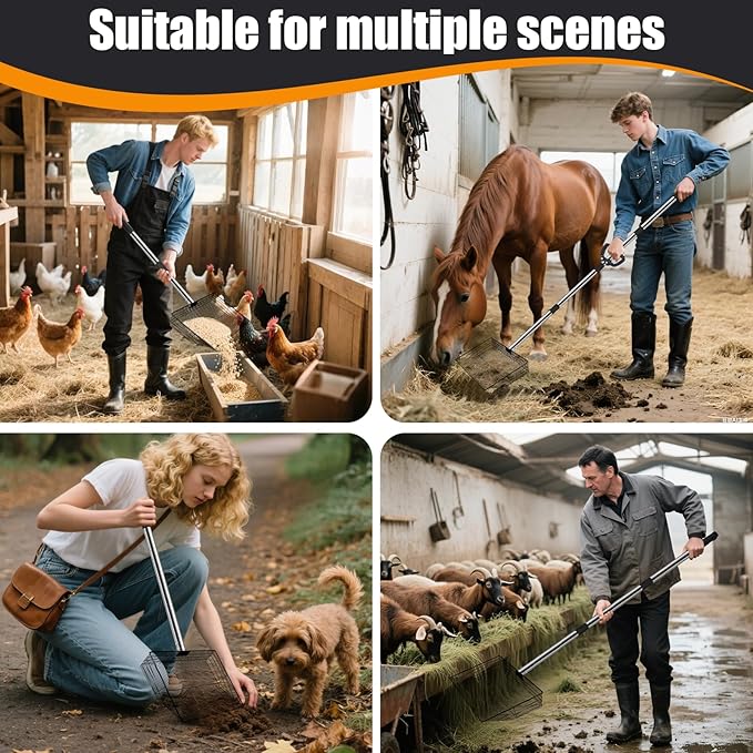 15 inch Large Chicken Poop Scooper with Ergonomic Grip, 6 in 1 Adjustable Chicken Coop Pooper Shovel with (24 to 79"), Heavy Duty Litter Sifting Shovel for Chicken Coop/Goat Stall/ Stable Cleaning