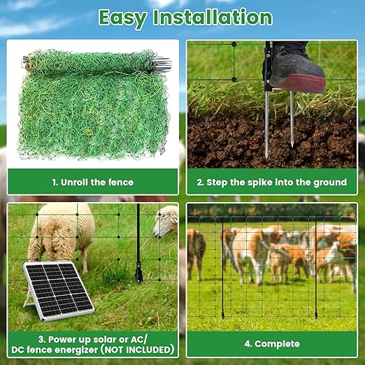 Electric Fence Netting, Portable Livestock Fencing for Sheep, Cattle, Net Fencing Kit with 14 Posts Double Spiked, Movable Poultry Netting for Backyards, Homesteaders, Farms Ranches (164 * 42.5)