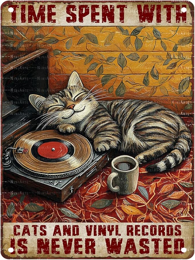 Vintage Vinyl Record Metal Sign Rustic Music Room Decor Cat Enthusiast Wall Art Quote 12X16Inch