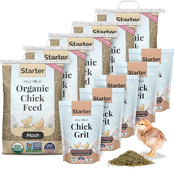 Mile Four Organic Baby Chick Feed Kit | Feeds 10 Baby Chickens for 8 Weeks | Organic, Non-GMO, 21% Protein Chicken Feed (115 lb) + Chick Grit (20 lb)