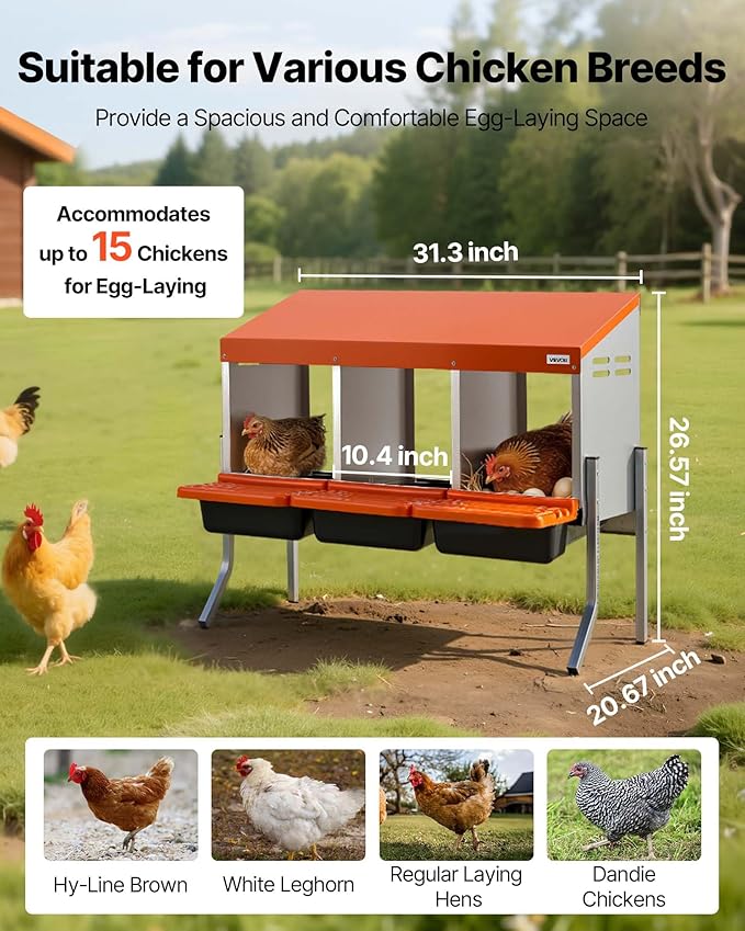 VEVOR Chicken Nesting Boxes, 3 Compartments, with Support Legs, Easy Egg Collection, Galvanized Steel and High-Strength Plastic, Roll Away Nesting Boxes for Chickens and Hens Laying Eggs, Orange