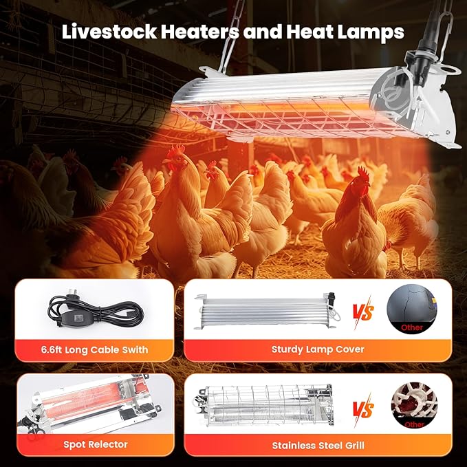 Large Chicken Coop Heater Lamps - Replacement, 400W,Carbon Fiber Light, Protable Adjustable Temp & Hanging Height for Coop Livestock Pet Dog Heater for Outdoor Chicken Coop