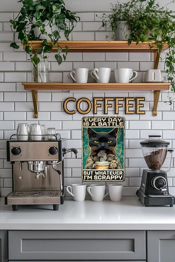 Vintage Black Cat Metal Sign Black Cat Every Day Is A Battle Novelty Metal Poster Home Kitchen Bathroom Aluminium Sign Art Wall Decor 16x12 Inch