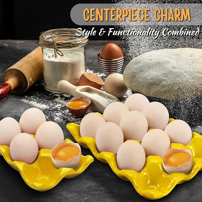 Flexzion 12 + 6 Cups Ceramic Egg Holder for Fridge - 18 Porcelain Egg Tray Container Keeper Storage Organizer Decorative Serving Stand Serveware for Refrigerator Countertop Display Kitchen (Yellow)