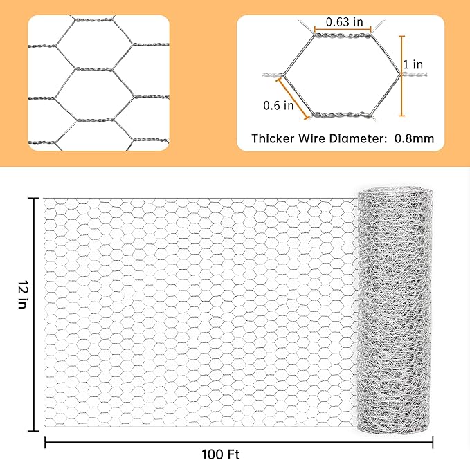 Sliver Chicken Wire 12 inch(H) x 100 ft(L), Anti-Rust Hexagonal Galvanized Metal Garden Netting for Floral Arrangements, Powder Coated Chicken Wire Coop for Crafts Plant Protector Pet Rabbits Fencing