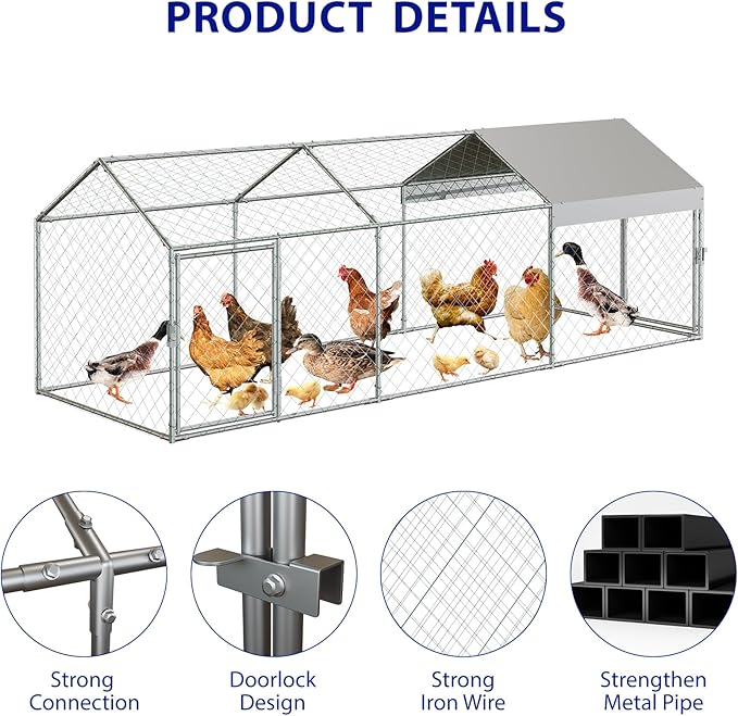 Garvee Large Metal Chicken Coop with Run, 120 in x 40 in x 40 in Chicken Run with Cover, Outdoor Walk in Poultry Cage, for Small Animals Duck Rabbit Hen Chicken Supplies - Silver