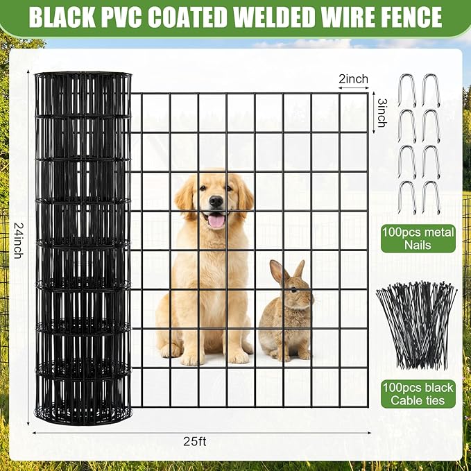 2 Roll Black PVC Coated Welded Wire Fence Garden Animal Fencing Outdoor Wire Mesh for Yard Vegetable Plant Protection Poultry Netting for Chicken, Dog (2 x 25 ft)