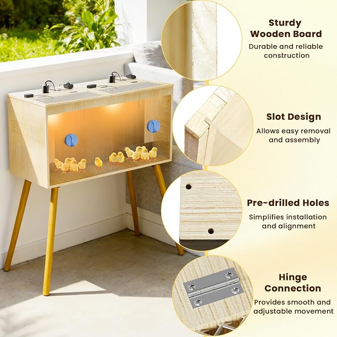 Brooder Box for Chicks, 32 Inch Wooden Large Chicken Brooder Box with 75W Heat Lamps, Thermometer, Chicken Feeder, Waterer Set, Tin Foil, Breeding Kit for 12-15 Chicks Ducks Quail with Legs
