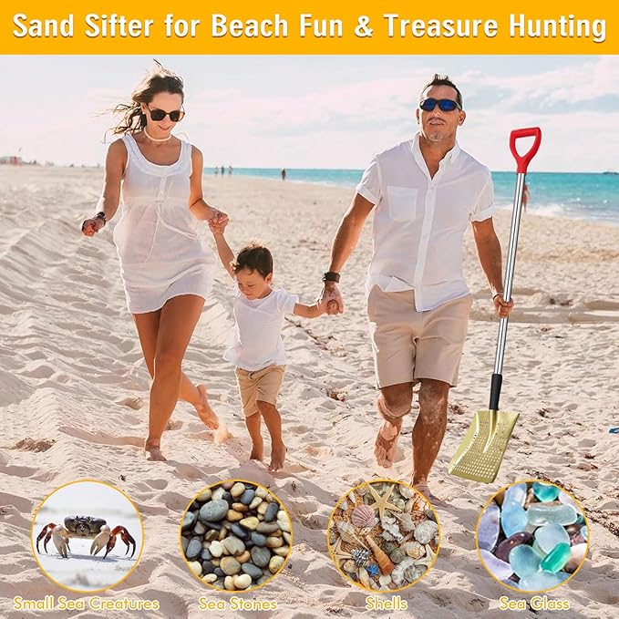 Sifting Shovel, Heavy Duty Metal Sand Sifter for The Beach, 53.5" Long Sand Sifter Shovel for Beach Fun, Chicken Coop, Farm Goat Stall Sand Poop Cleaning, with Ergonomic D-Grip Handle (Gold)