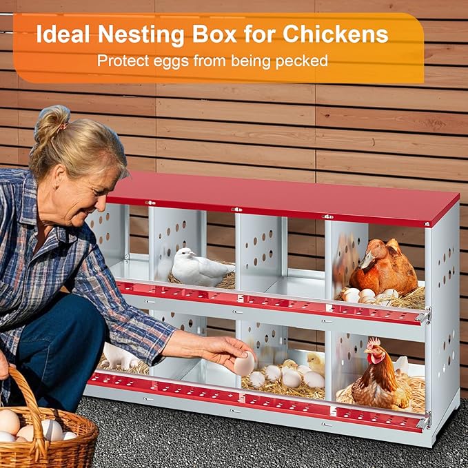 Metal Chicken Nesting Boxes - 8 Hole Wall-Mountable Laying Boxes with Roll-Away Egg Collection, Weatherproof Galvanized Steel, for Chicken Coop, Red