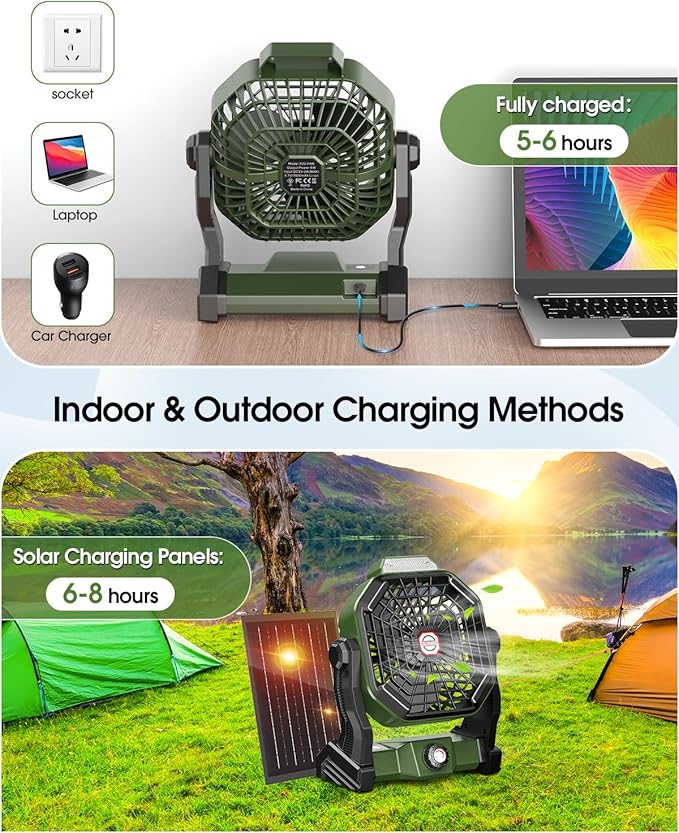 Rechargeable Solar Powered Fan, [Max 40H Runtime] Solar Camping Fans & Led Lantern,8-inch Portable Fan with Solar Panel,Battery Operated Powered Outdoor Tent Fans for Camping Essentials Accessories