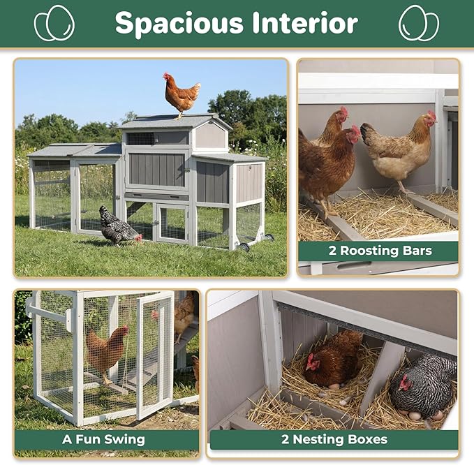 Chicken Coop with Run, Weatherproof Mobile Chicken Tractor Hen House with Wheels, Nesting Box, Roosting Bars, Pull-Out Tray, Asphalt Waterproof Roof & Fun Swing for Chickens Quails Small Animals